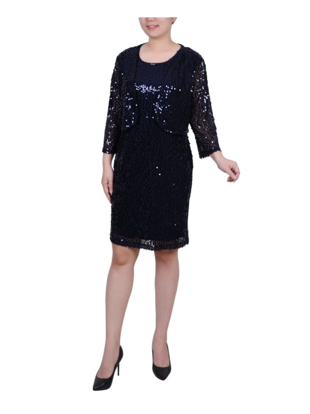 NY Collection Women's Blue Sequined Bolero Jacket & Dress Set Petite Size PL $64